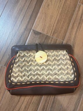 Kate Landry Brown Leather & Natural Straw Clutch with Orange Trim